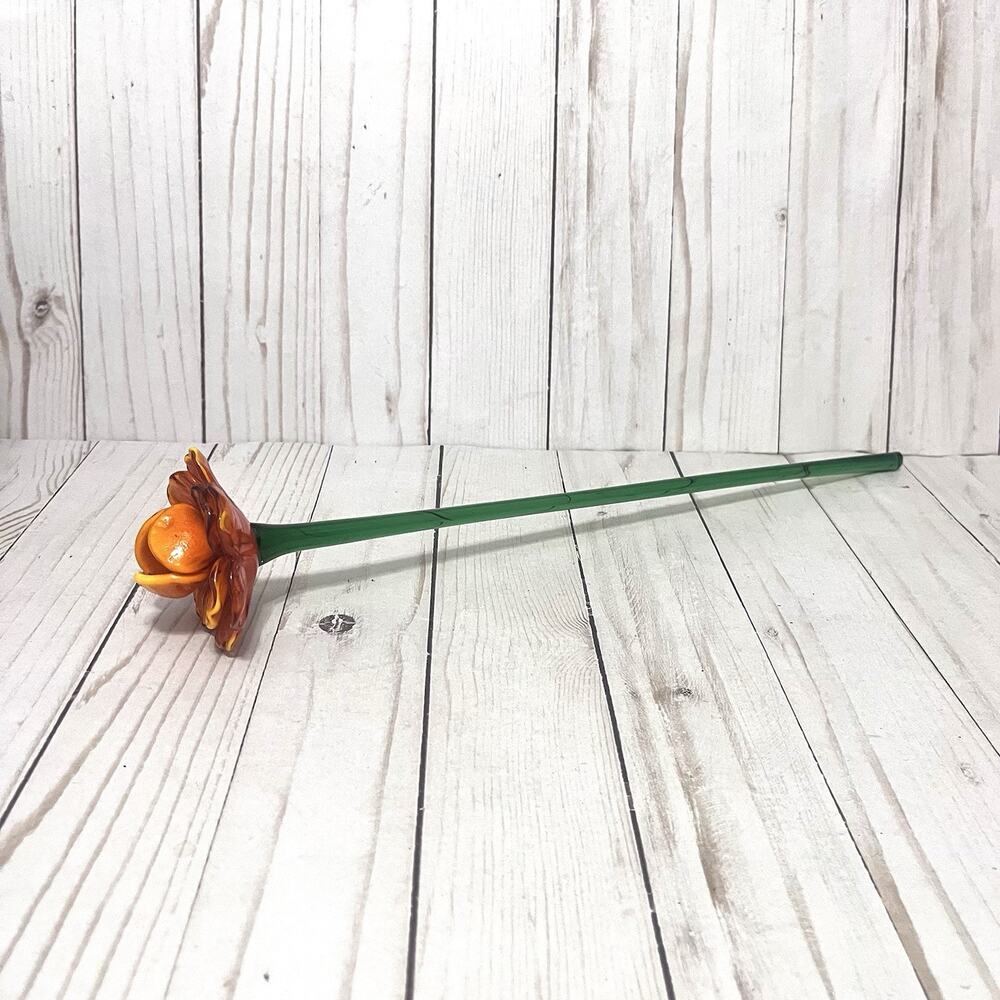 Art Deco Flower Hand Blown Glass Orange Long Stem Open Rose 15" Long
